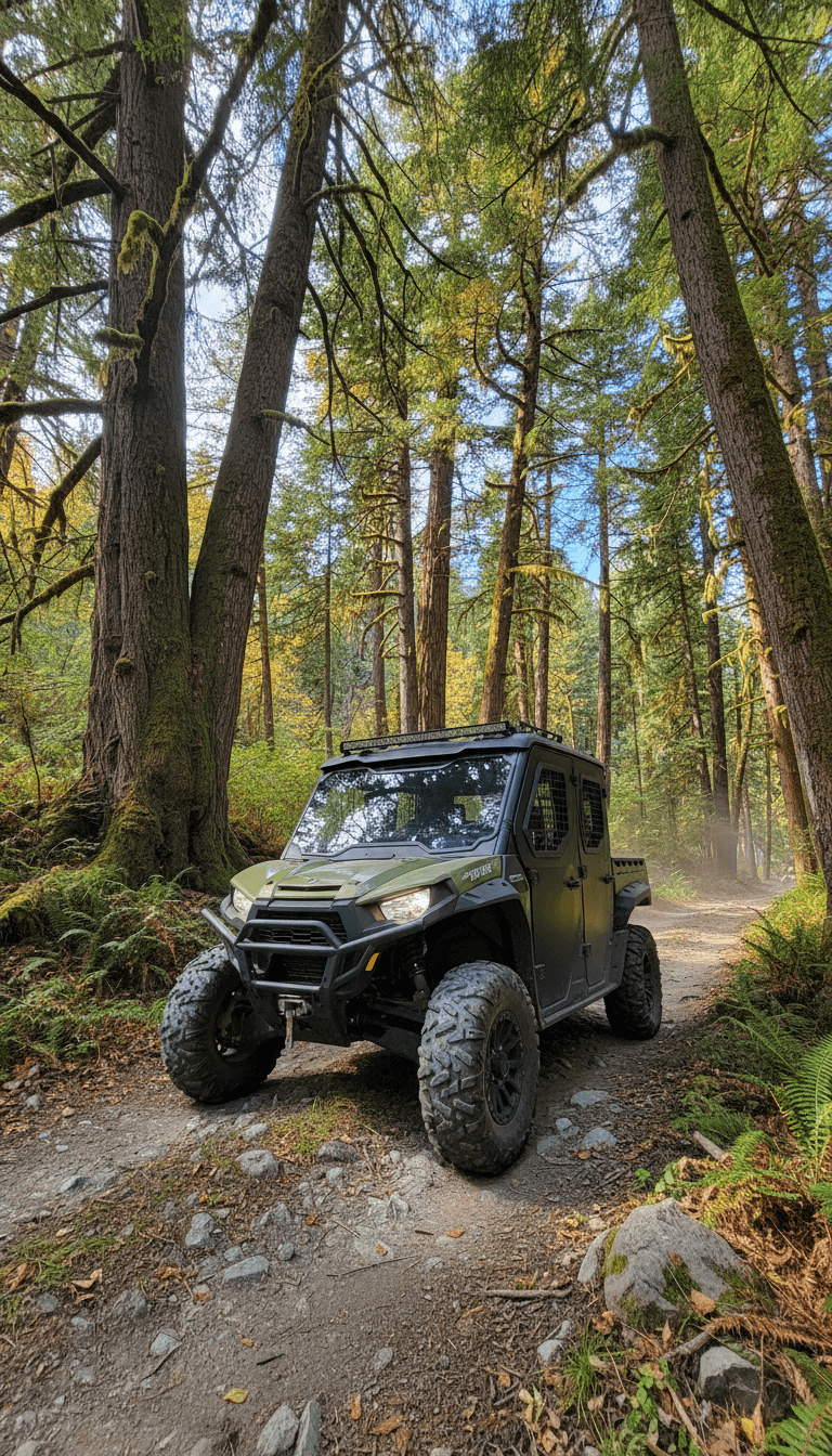 A 2026 CFMOTO UFORCE U10 Highland parked on a dirt trail surrounded by tall trees